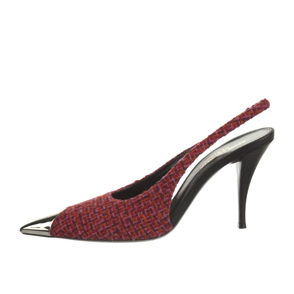SAINT LAURENT Red Tweed Slingbacks - Picture 4 of 6